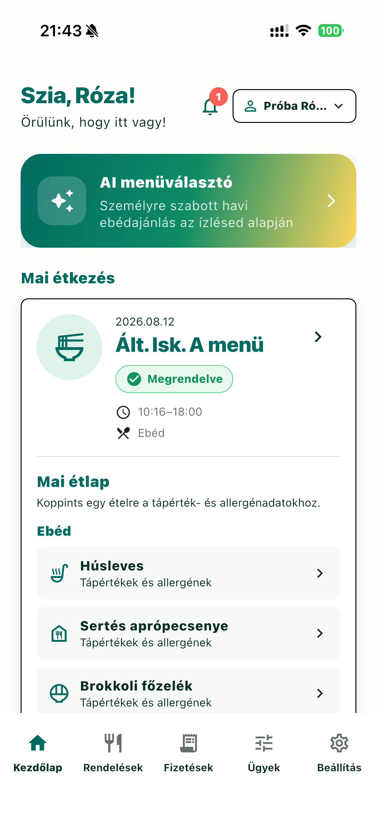 A MenzApp kezdőlapja a mai étlappal és az AI menüválasztóval