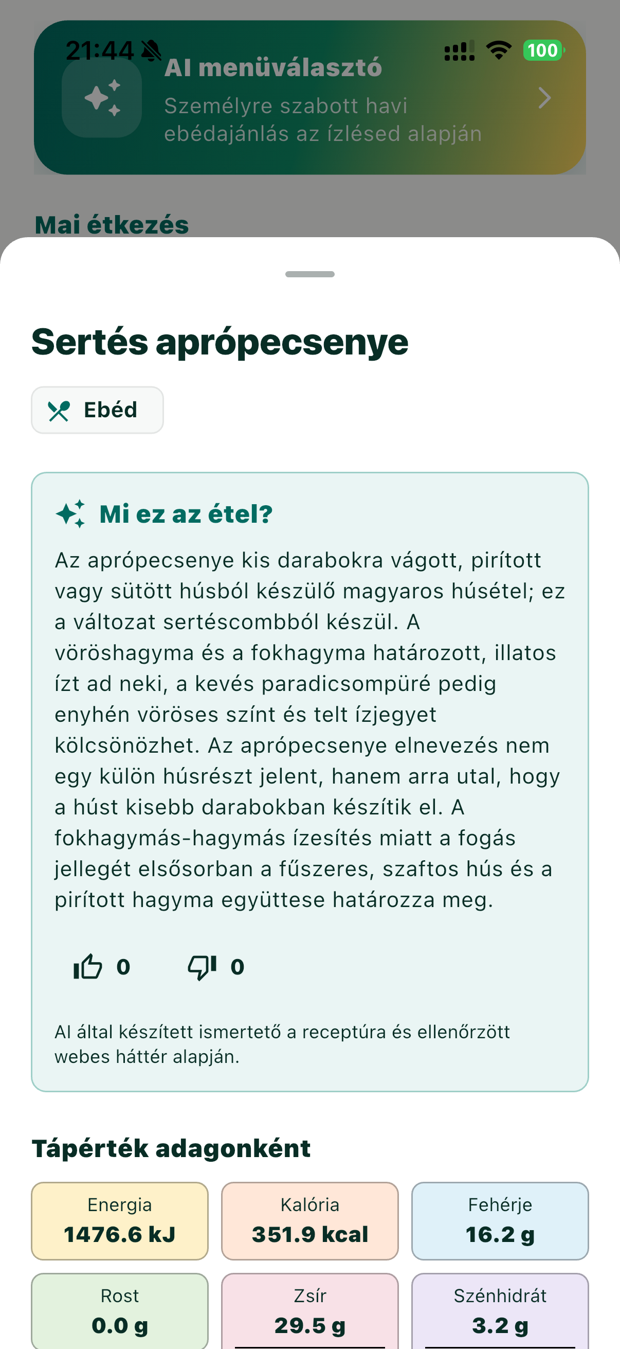 AI által készített ételismertető és tápértékadatok a MenzAppban