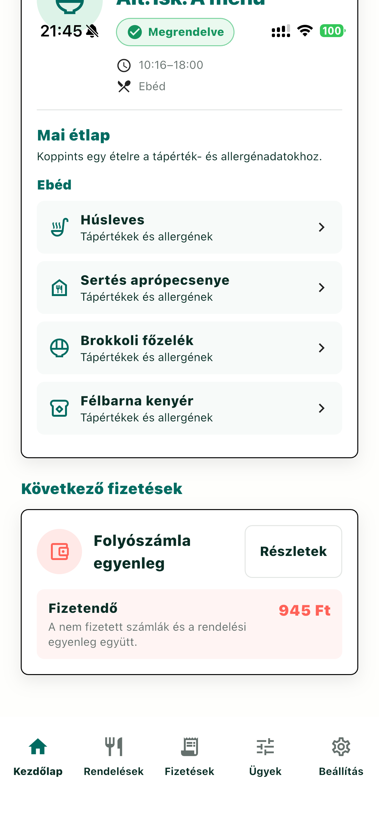 Mai étlap és következő fizetések a MenzApp kezdőlapján