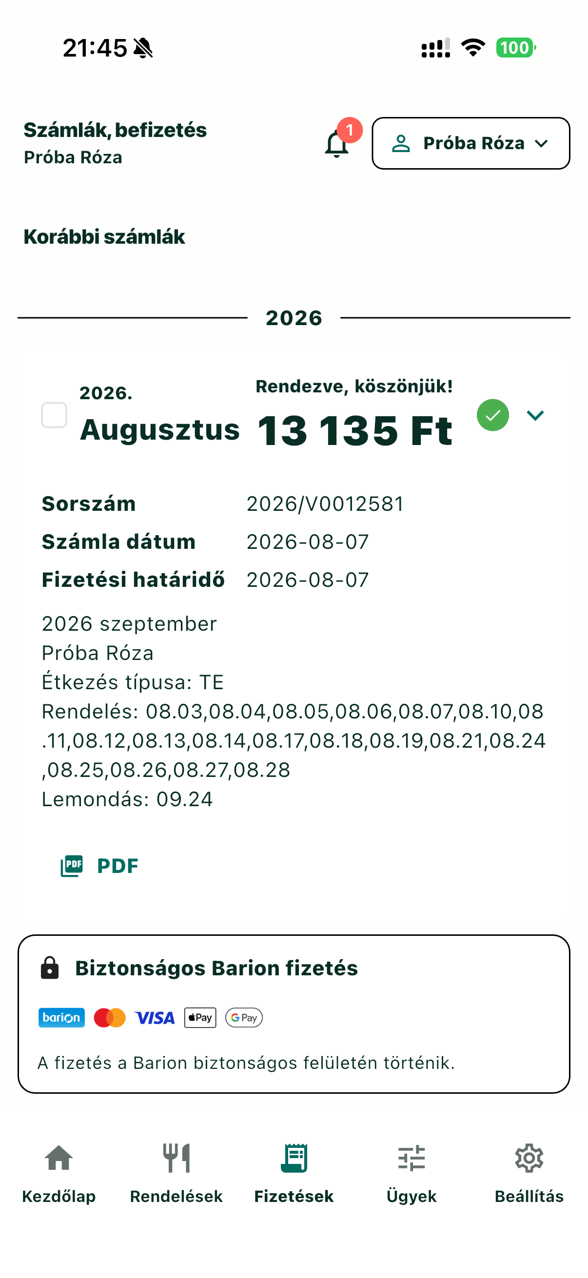 Korábbi rendezett számla részletei és PDF letöltése a MenzAppban