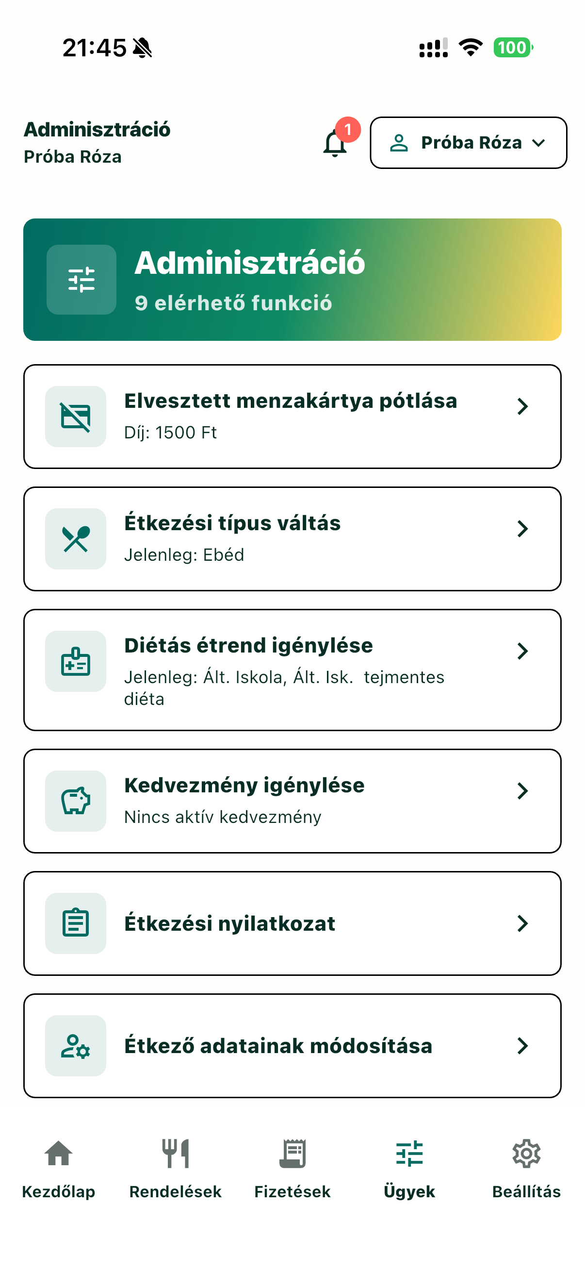 Étkezőhöz kapcsolódó ügyintézési lehetőségek a MenzAppban