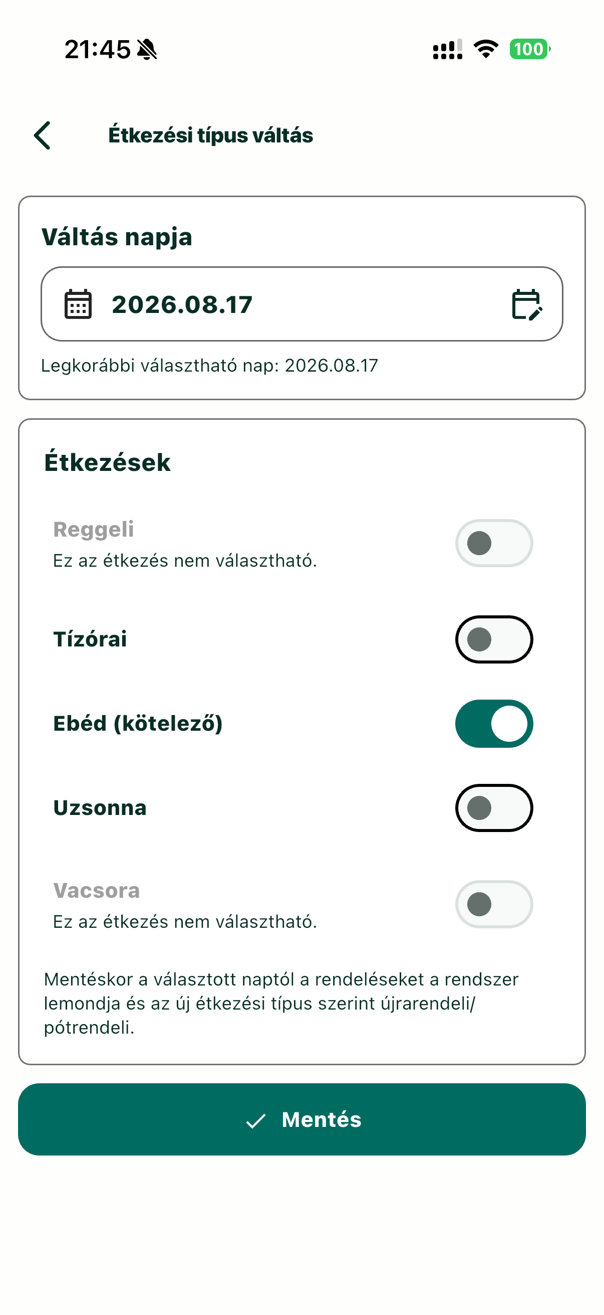 Étkezési típus és étkezések módosítása a MenzAppban