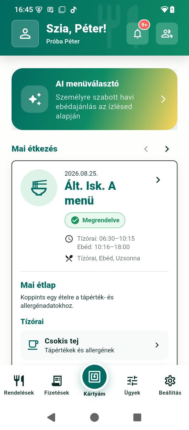 MenzAPP kezdőlap telefonon
