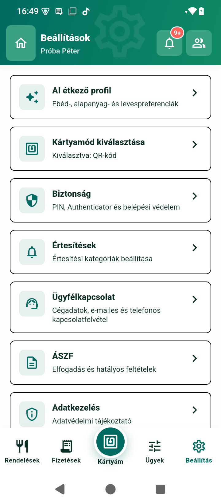 Beállítások képernyő telefonon