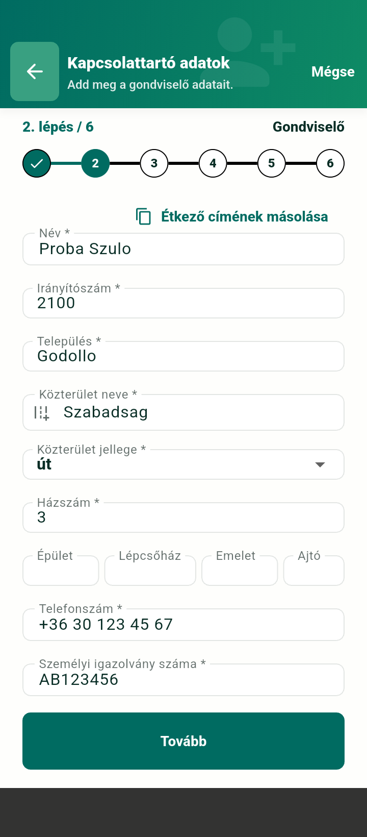 Regisztráció Gondviselő tab telefonon
