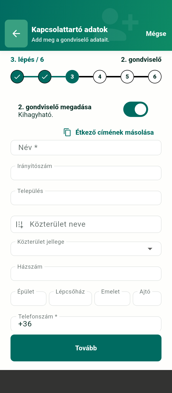 Regisztráció második gondviselő tab telefonon
