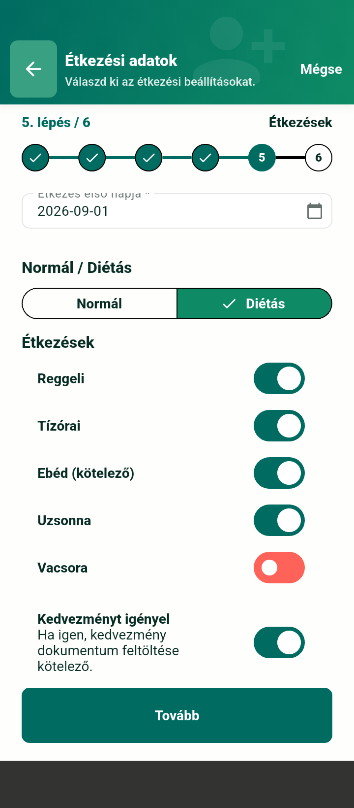 Regisztráció Étkezések tab telefonon