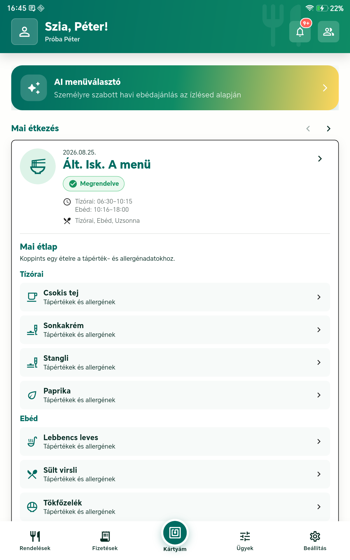 MenzAPP kezdőlap tableten