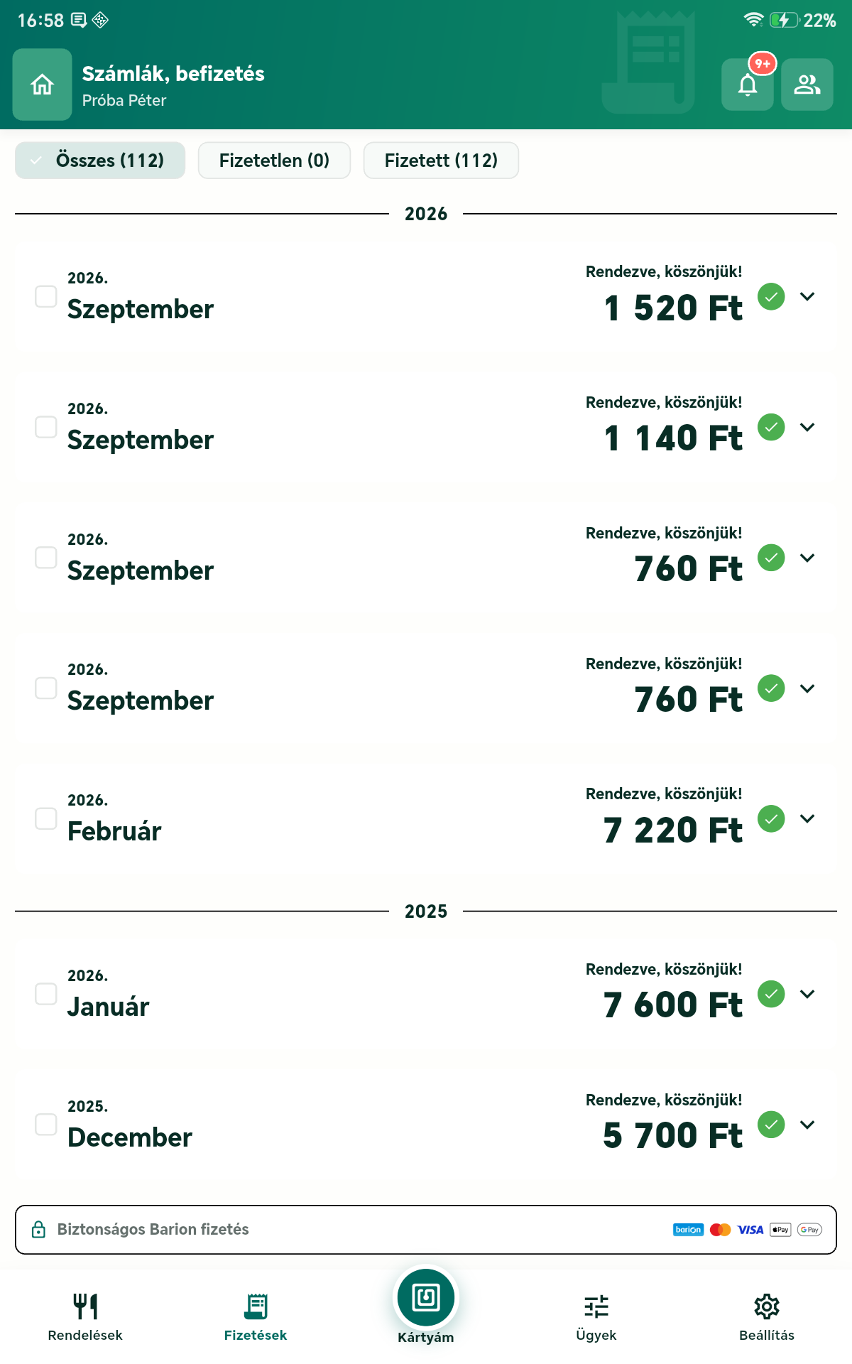 Számlák és befizetések tableten