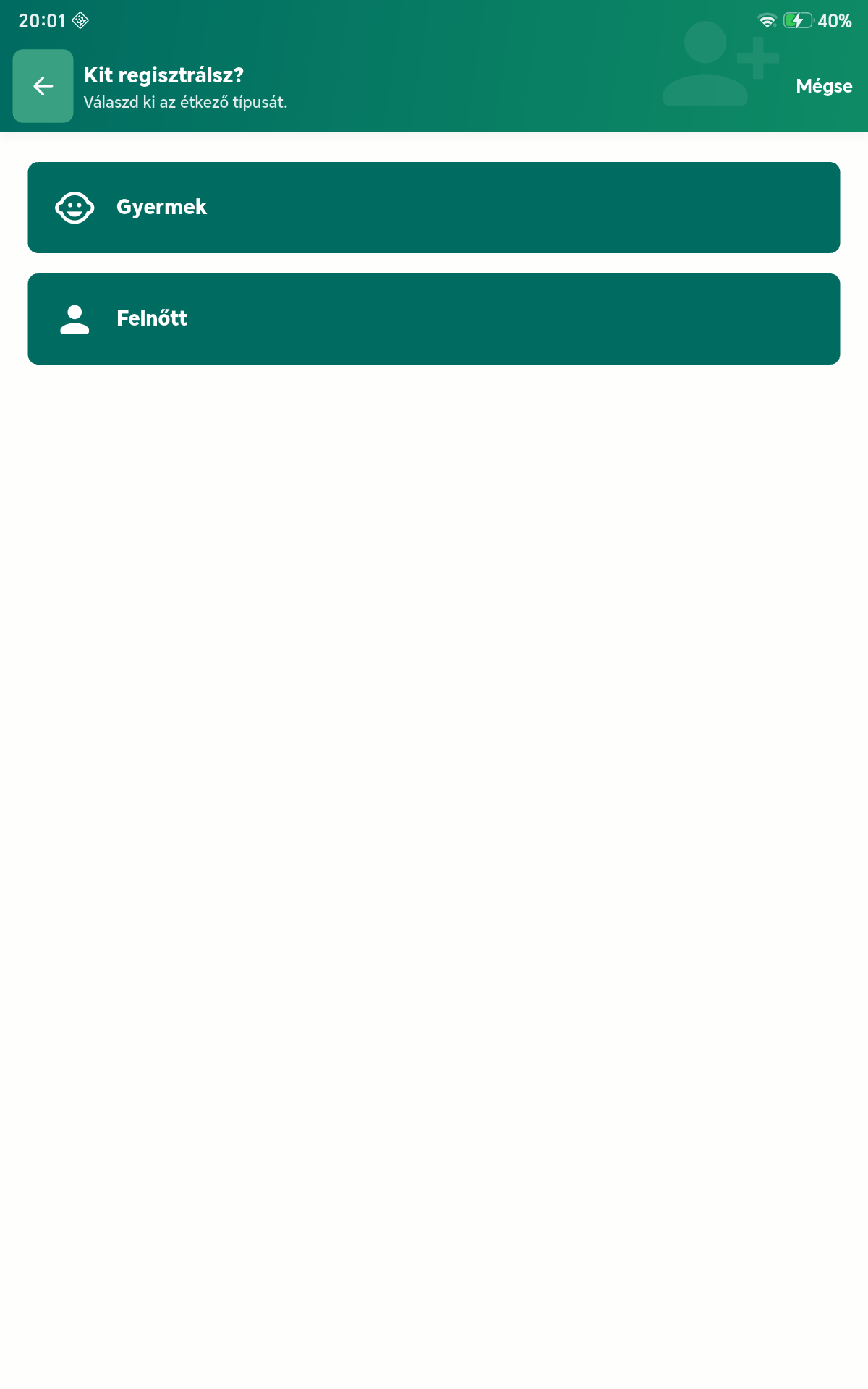 Regisztráció céljának kiválasztása tableten
