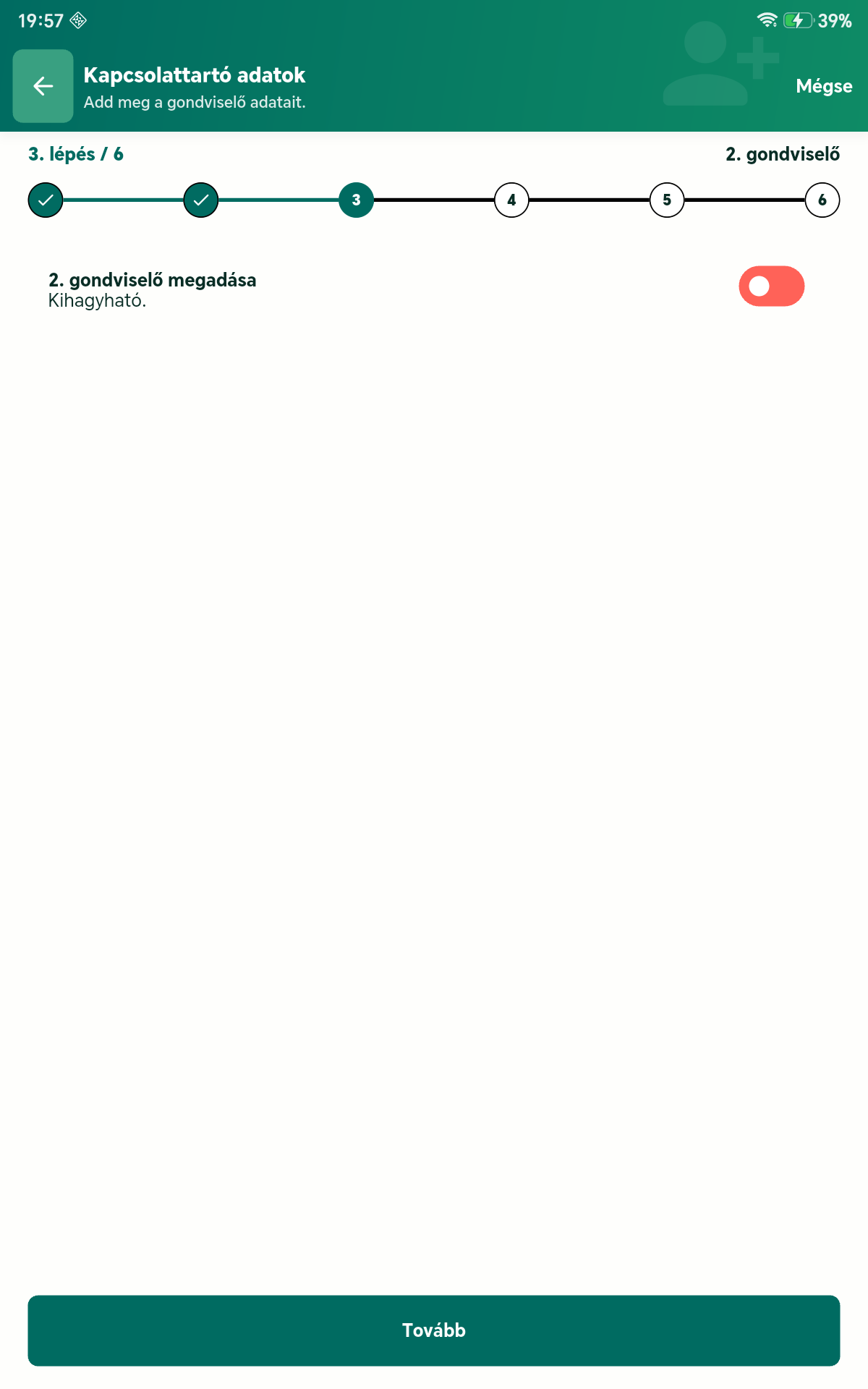 Regisztráció második gondviselő tab tableten