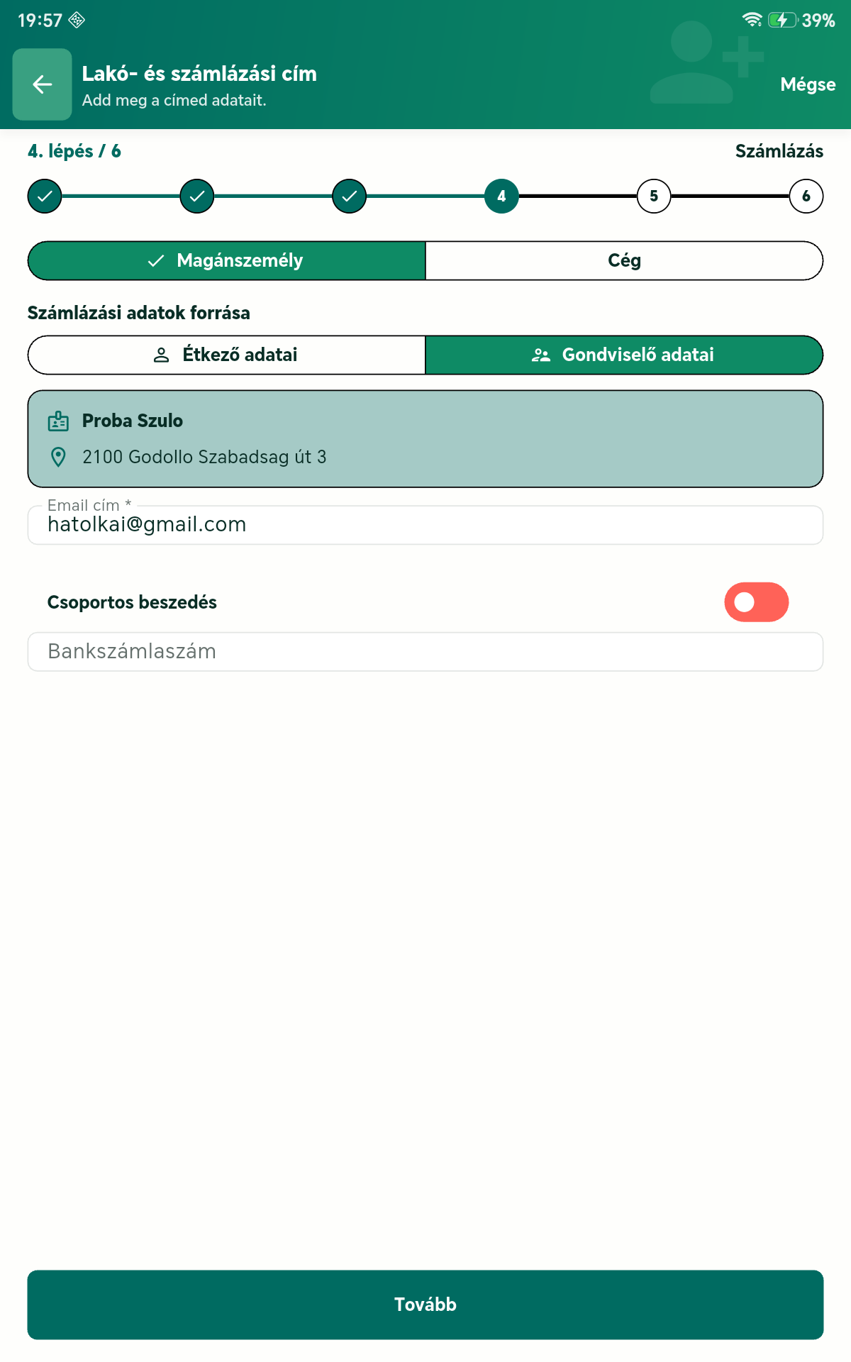 Regisztráció Számlázás tab tableten