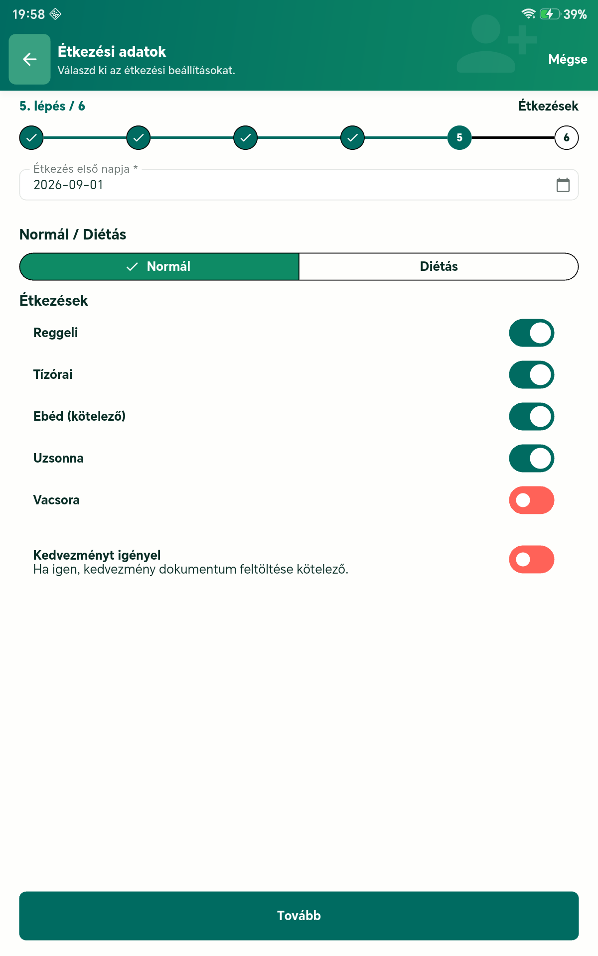 Regisztráció Étkezések tab tableten