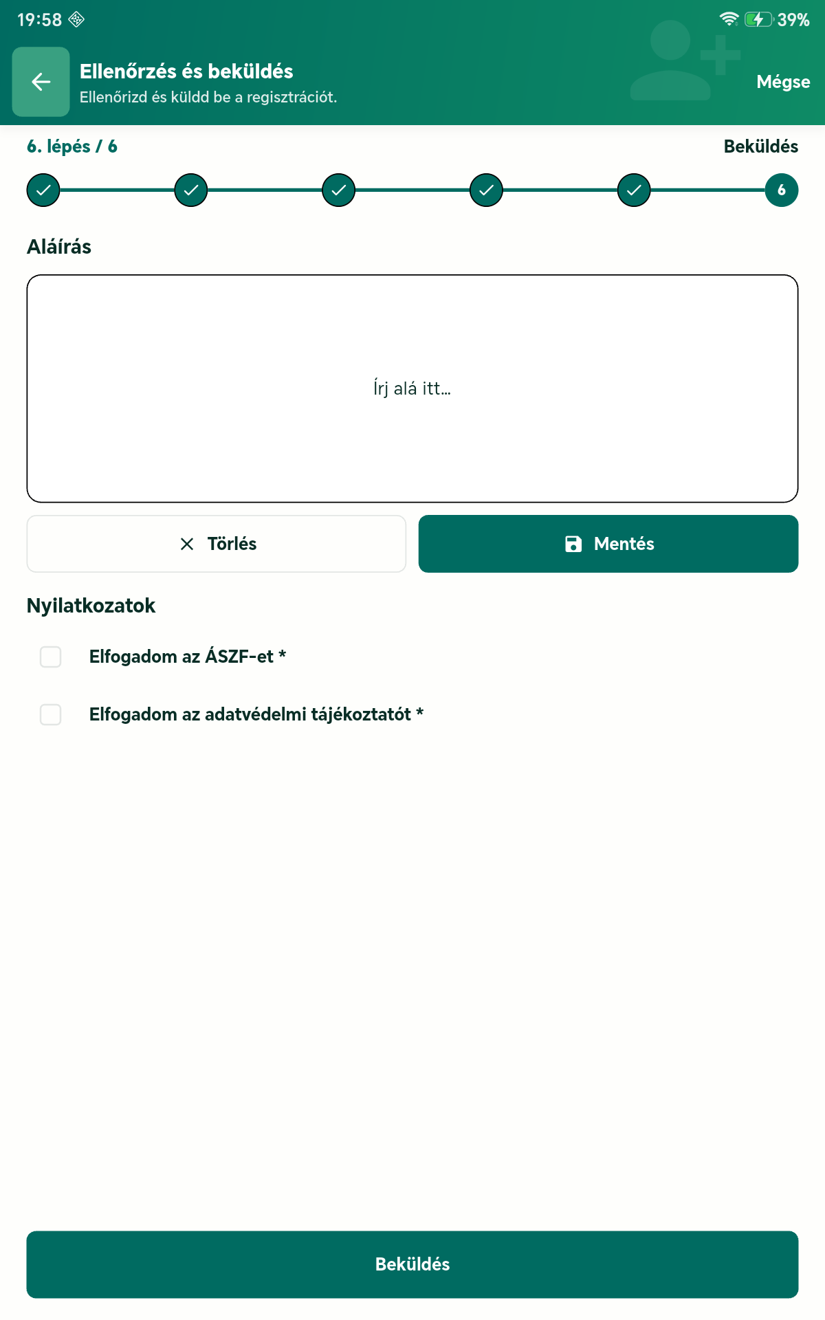 Regisztráció beküldés tableten