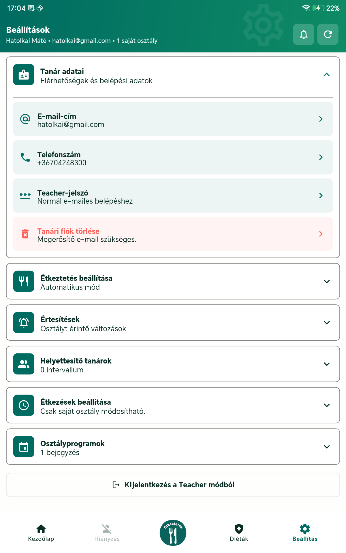 Tanár mód beállítások tableten