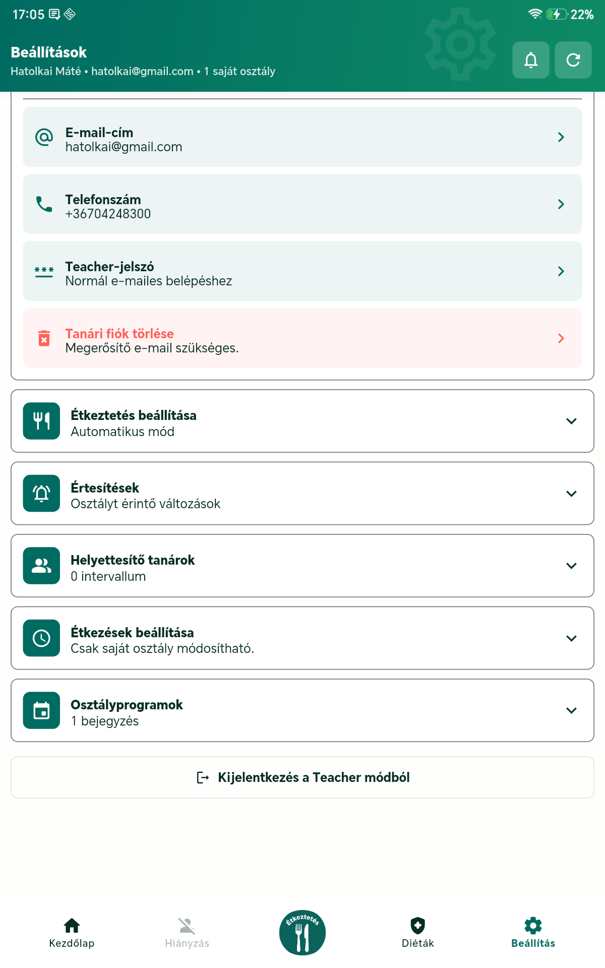 Tanár mód további beállítások tableten